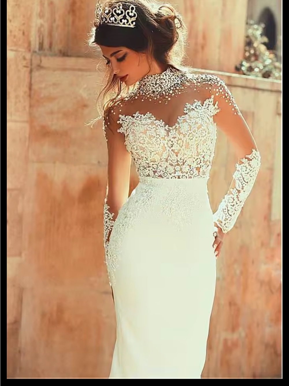 Ivory Pearl Embellished Lace Long Sleeve Wedding Dress.